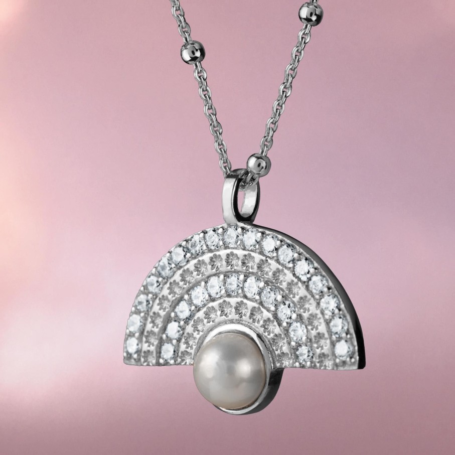 JACQUES LEMANS Necklace Sterling Silver With White Topaz Gemstones & Pearl Necklaces